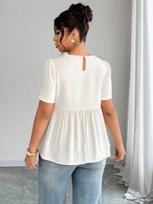 Elenzga Plus Size Women's Casual Everyday Elegant Round Neck Embroidered Splicing Blouse, Spring/Summer - Apricot - View 2