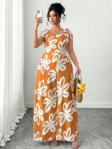 Elenzga Bộ jumpsuit in hoa màu vàng, phong cách thời trang mùa xuân hè, thoải mái, kiểu Pháp cổ điển, thanh lịch, thích hợp đi làm, thắt nơ eo. - Màu vàng - Xem 3