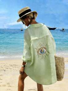 Vaclyn Women's Casual Eye Print Single-Breasted Shirt Dress - Pastel Green - View 3