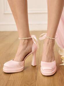 CUCCOO HITCHD Pantofi de damă cu perle și strasuri, design cu fundă la gleznă, satin roz, dulce și elegant, temperament, pantofi cu toc înalt pentru femei, pantofi cu platformă, pantofi de mireasă, pantofi de nuntă pentru petrecere și recepție, sezonul nunților - Baby Pink - Vizualizare 2
