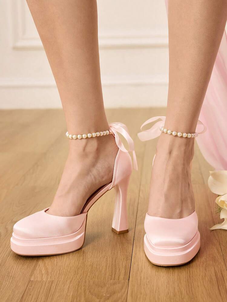 CUCCOO HITCHD Women's Shoes New Pearl Rhinestone Anklet Back Bow Design Pink Satin Sweet Elegance Temperament Women's High Heels Shoes Platform Shoes Bridal Shoes Party Wedding Reception Wedding Season