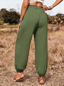SHEIN LilyWest 女士纯色假日纹理抽绳裤，适合度假、夏季、优雅海滩、波西米亚休闲风格 - 軍綠色 - 查看 2