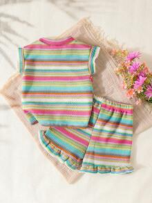 SHEIN Playful Pals 女童（小号）卡其色提花针织无袖上衣和短裤套装，休闲简约夏季日常穿搭 - 彩色 - 查看 2