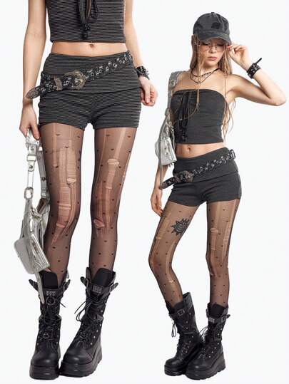 Bloopia Women's Knitted Dark Gray Striped High Waist Punk Retro Versatile Shorts, Suitable For Layering Or Outerwear