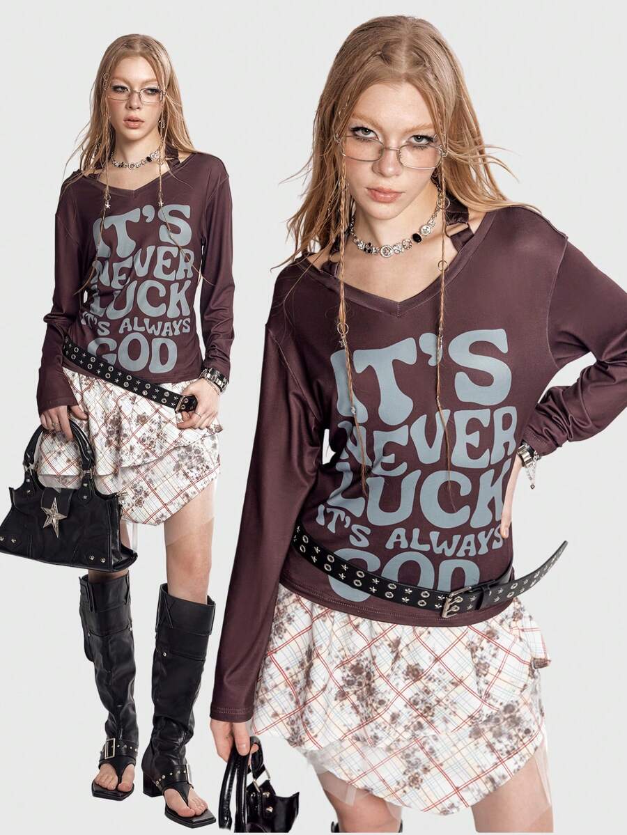 Bloopia Women's Knitted Drop Shoulder Long Sleeve Punk Style Halter Neck Tie Design Letter Print Top - Burgundy - View 1