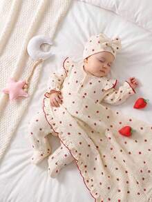 新生儿杏色底红色波点图案长袖连体衣，含帽子和襁褓毯套装 - 杏色 - 查看 1