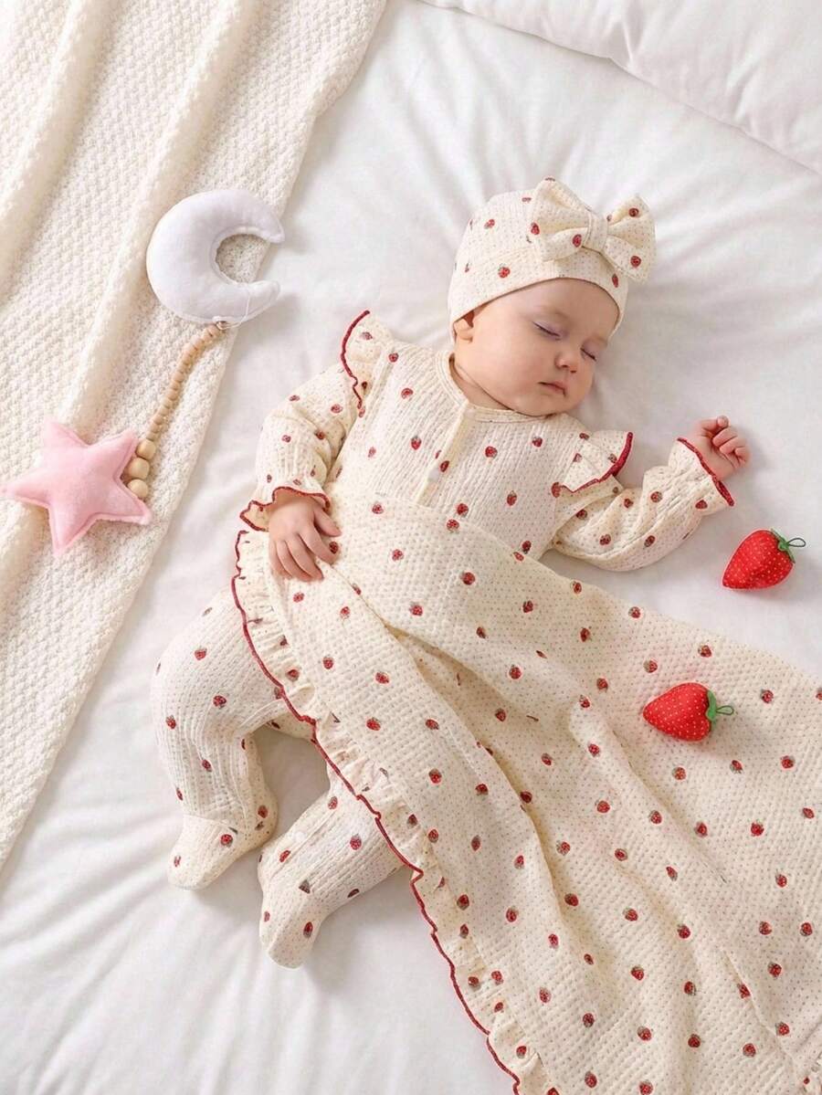 新生儿杏色底红色波点图案长袖连体衣，含帽子和襁褓毯套装 - 杏色 - 查看 1