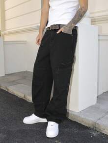 Manfinity LEGND Quần jean denim cargo nhiều túi màu đen dành cho nam, quần dài ống rộng dáng suông. - màu đen - Xem 8