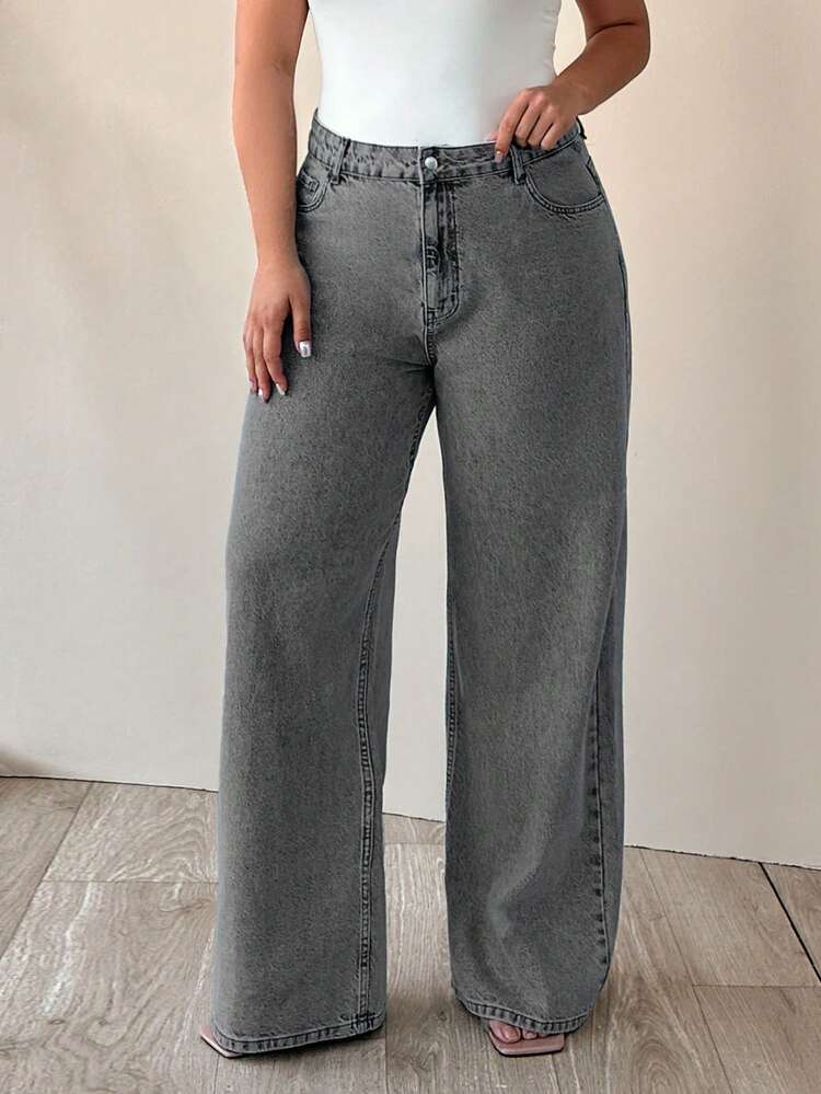 EURMUSE 100% Cotton HIGH WAIST WIDE LEG CUT PLUS SIZE  JEAN - Light Grey - View 1
