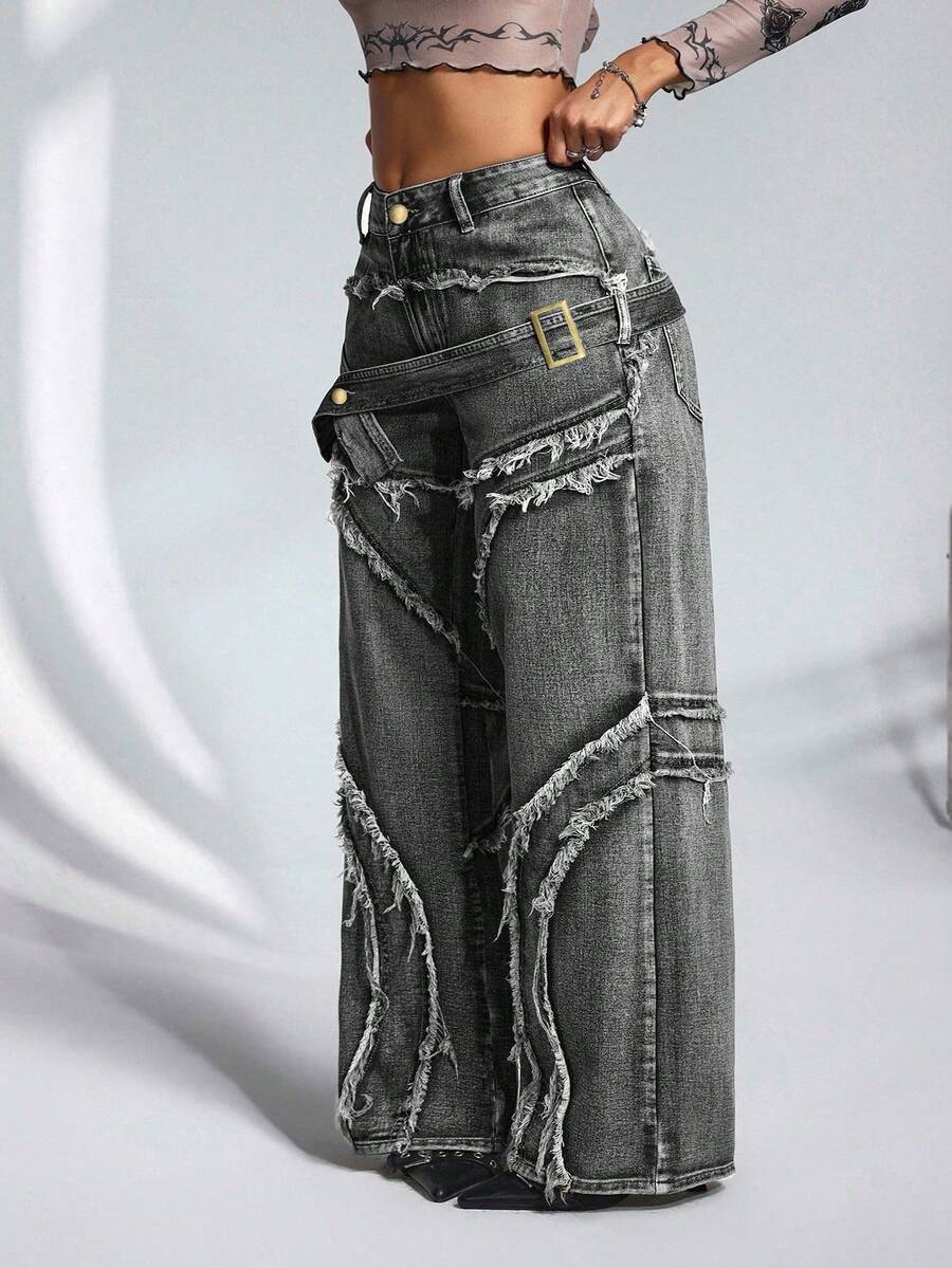 Jeanoix Plus Size Fashion Fringe & Belt Decor Denim Jeans, Suitable For Everyday Wear - Grey - View 1