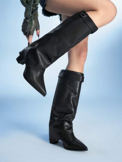 Sugerpunk Botas altas hasta la rodilla de tacón alto, de punta fina, con decoración metálica, de moda y versátiles para mujer