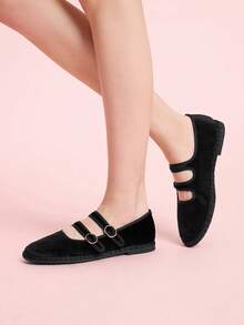 CUCCOO DOLLMOD Women's Shoes Classic Black Double Striped Velvet Flats - Black - View 5