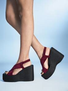 Sugerpunk Women's Thick Sole Sandals, Open Toe Platform Wedge Heels, Fashion Shoes - Burgundy - View 3