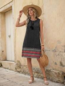 EMERY ROSE 女士休闲佩斯利印花流苏系带无袖迷你连衣裙，适合夏季度假 - 彩色 - 查看 3