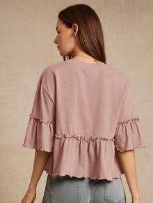 Slub Knit Crewneck Ruffle Sleeve Peplum T-Shirt Back To School Cute Fall Country Concert - Dusty Pink - View 2