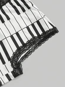 ROMWE Y2K Retro Music Note & Piano Keyboard Print Lace Trim Low Waist Shorts 3 Pieces Set - Multicolor - View 4