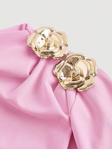 SHEIN MOD 杏色不对称肩部中长连衣裙，优雅单肩设计，适合秋冬季节，可作感恩节礼服、派对礼服、女士优雅连衣裙、时尚秋季连衣裙、女士优雅连衣裙、优雅派对连衣裙、女士优雅连衣裙 - 粉色 - 查看 3