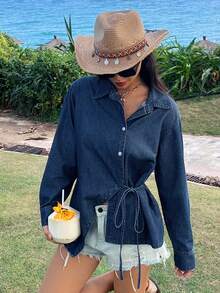 DAZY 女士翻领宽松侧系腰带休闲牛仔衬衫 - 中等水洗藍 - 查看 2