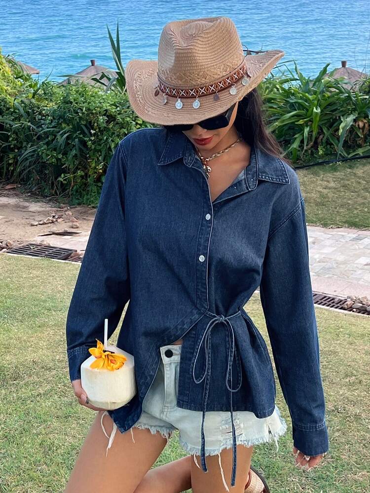 Women's Lapel Loose Side Tie Waist Casual Denim Blouse