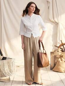 Zovinel 女士休闲全扣衬衫，春夏款 - 米色 - 查看 5