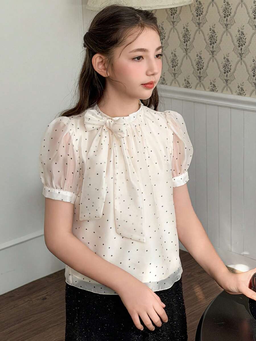 DAZY 少女波点印花蝴蝶结装饰短袖衬衫 - 杏色 - 查看 1