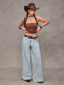 Jeanoix 女士Y2K时尚休闲条纹宽松阔腿牛仔裤 - 淺色水洗藍 - 查看 7