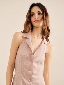 lacRébo Pink Vintage Mini Dress With Lapel Collar And Open Back Spring Summer Vacation French Style Parisian Style Office Outfits Vintage Dress - Pink - View 1