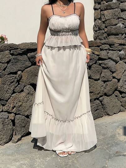 Sunnyshic Plus Size Spaghetti Strap Ruffle Waist Decor Sheer Elegant Vacation Beach Camisole + Elastic Waist Ruffle Hem Skirt Graceful Minimalist Vacation Beach Party Dress 2 Piece Set For Women