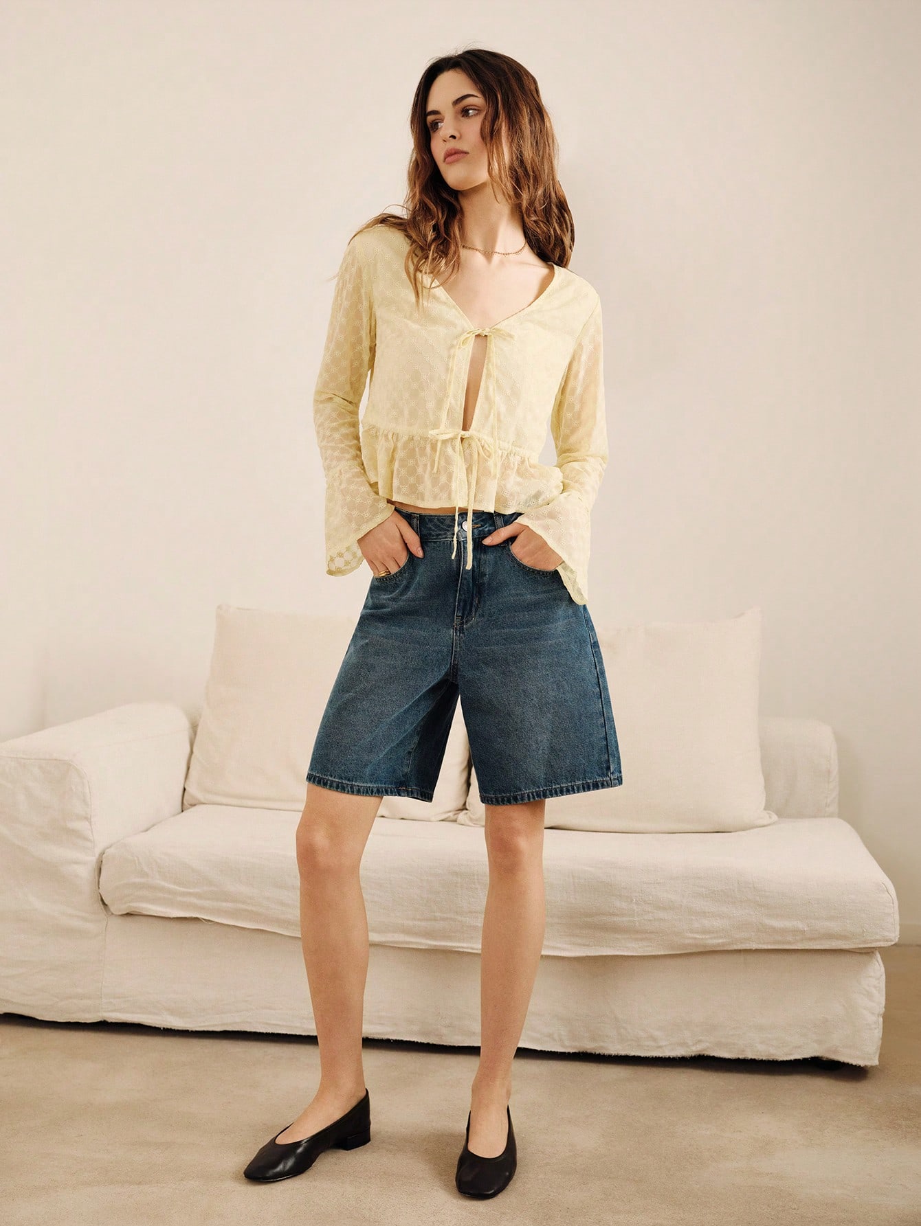 Butter Yellow Embroidered Tie Front Blouse Spring Summer Vacation French Style Parisian Style Resort