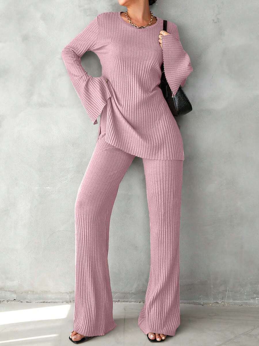 SHEIN Cottnline 2件套女士纯色罗纹长袖上衣和裤子休闲套装 - 淺粉色 - 查看 1