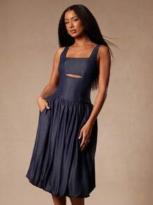NYA SZN Elegant Navy Blue Denim Midi Dress For Women,Sleeveless Straps Cut Out Bubble Hem Sundress,Chambray Outfits For Autumn Dinner Date, Beach Party - Dark Wash - View 5