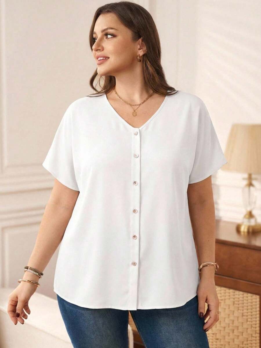 Rosumi 春季大码女式橙色纽扣缀饰短袖衬衫 - 白色 - 查看 1