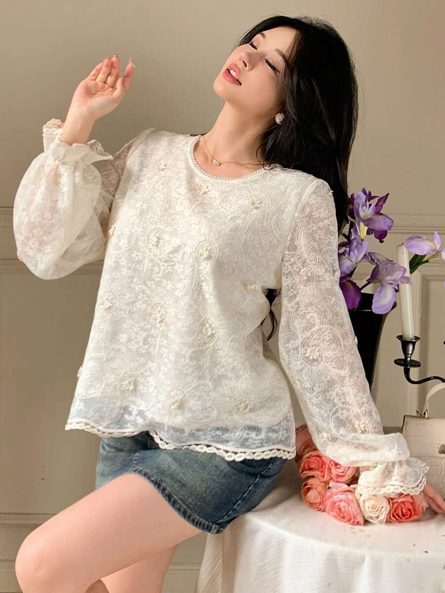 DAZY Women's Elegant Lace Loose Long Sleeve Blouse, Suitable For Spring, Summer And Autumn - Apricot - View 1