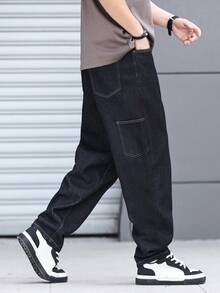 Manfinity Hypemode Stylish Men's Dark Wash Tapered Denim Jeans Casual Plain Zipper Long Pants - Dark Wash - View 5