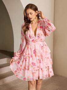 Roveilla 加大码粉色碎花雪纺短款连衣裙，深V领，超长常规袖，层叠下摆，波西米亚风修身A字裙摆，女士碎花连衣裙，粉色碎花连衣裙，春季连衣裙，碎花印花连衣裙 - 粉色 - 查看 6