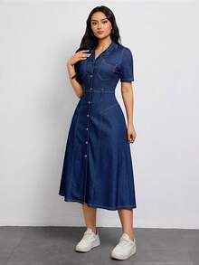 SHEIN Tall Women's Collared Single-Breasted Waist-Cinched Elegant Denim Dress For Dates And Outings - Dark Wash - View 6
