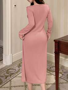 DAZY 长袖荷叶边连衣裙，收腰设计，女士春季睡衣连衣裙 - 粉色 - 查看 2