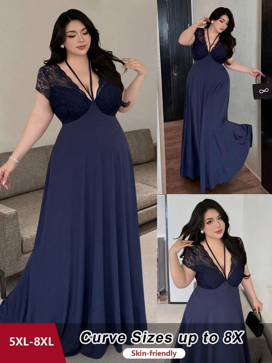 SHEIN CURVE+ 大码女式V领蝴蝶结蕾丝拼接短袖优雅复古可爱度假派对连衣裙 - 藍色 - 查看 1