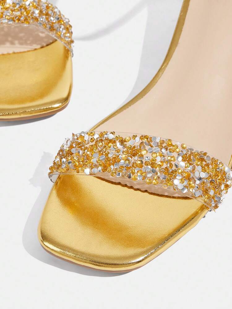 CUCCOO TILAWA Fashionable Transparent Asymmetric Thick Heel Women's Rhinestone Decor Sandals, Square Toe Glossy Lace-Up High Heel Sandals, Comfortable Heel Type Party & Daily Wear Women Sandals