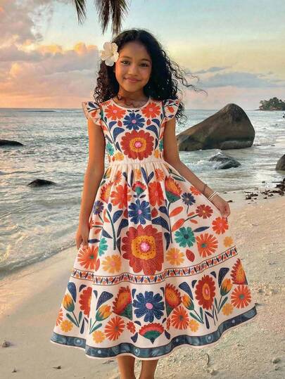 SHEIN Summer Outfits Tween Girl Floral Print Round Neck Cap Sleeve Dress, Vacation Girls Bright Floral Summer Dress Sunset Dresses For Kids  Long Skirt Girls Mexican Dress Girls Modest Beach Dress Girls Floral Summer Dress Girls Brightly Floral Dress