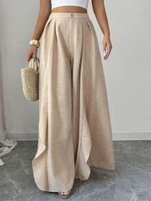 Elenzga 女士优雅休闲宽松长裤，开衩荷叶边裤脚，适合夏季郊游、约会、新年、情人节、复活节、母亲节、音乐节、中东婚礼、通勤、浪漫假期等场合，浅米色 - 杏色 - 查看 5