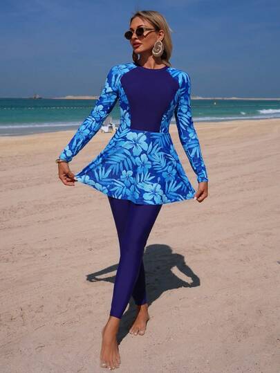 Swim Mulvari New Summer Women Round Neck Long Sleeve Waist Cinched Solid Color Patchwork Blue Floral Print Dress & Pants Casual Vacation Bikini Set