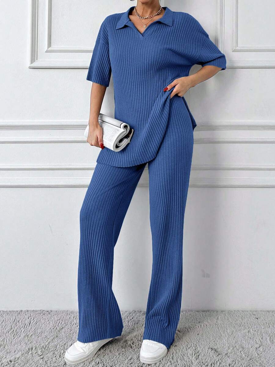 EURMUSE Cotton Two Pieces Set Polo Neck Top And Pant Set Rib Knit Fabric - Blue - View 1