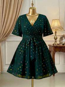 SHEIN Clasi 大码女式激光亮片腰部修身优雅轻盈鸡尾酒连衣裙 - 墨綠色 - 查看 3