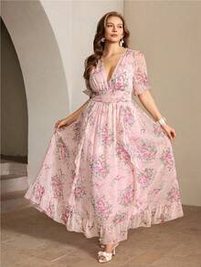 Roveilla 大码印花法式雪纺长款荷叶边连衣裙，春夏款 - 粉色 - 查看 6