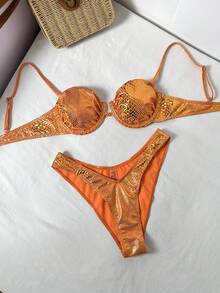 Bộ đồ bơi 2 mảnh Swim SXY mới dành cho nữ, chất liệu vải kim loại bóng họa tiết da rắn, áo bikini có gọng nâng ngực và quần cạp cao, đồ bơi đi biển và lướt sóng. - Nhiều màu - Xem 3