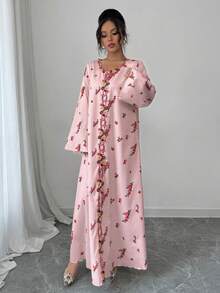 Modelyn 女士编织花卉印花荷叶边宽松长袖阿拉伯连衣裙 - 粉色 - 查看 4