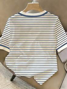 Resyla Women's Casual Vacation & Commute Letter & Rhinestone Striped Print Short Sleeve T-Shirt, Summer - Multicolor - View 2