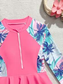 SHEIN Áo tắm liền thân có khóa kéo, họa tiết cây dừa chắp vá, thích hợp cho kỳ nghỉ hè của bé gái. - Màu Hồng Tươi - Xem 5