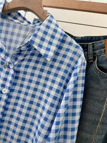 SHEIN Franclia Fashionable Minimalist Commuting & Casual Asymmetrical Hem Open Front Blue Plaid Women Shirt - Blue - View 3